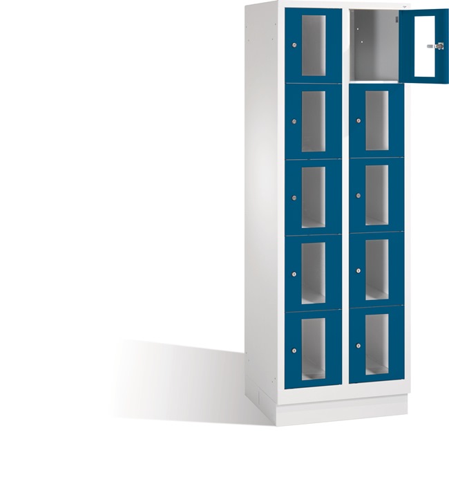 Fächerschrank H1800xB610xT500mm m.Sockel Anz.Fächer 2x5 grau/blau Sichtfenstert.
