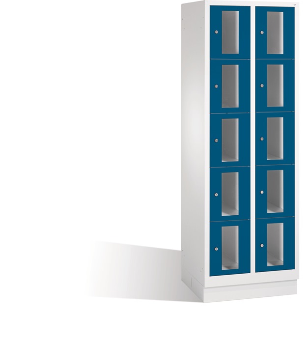 Fächerschrank H1800xB610xT500mm m.Sockel Anz.Fächer 2x5 grau/blau Sichtfenstert.