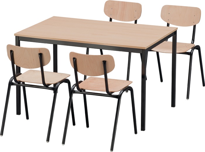 Tisch/Stühle-Set 1 Tisch 1200 x 800mm u.4 Stapelstühle Buche Gestell schwarz