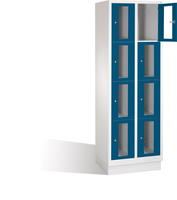Fächerschrank H1800xB610xT500mm m.Sockel Anz.Fächer 2x4 grau/blau Sichtfenstert.